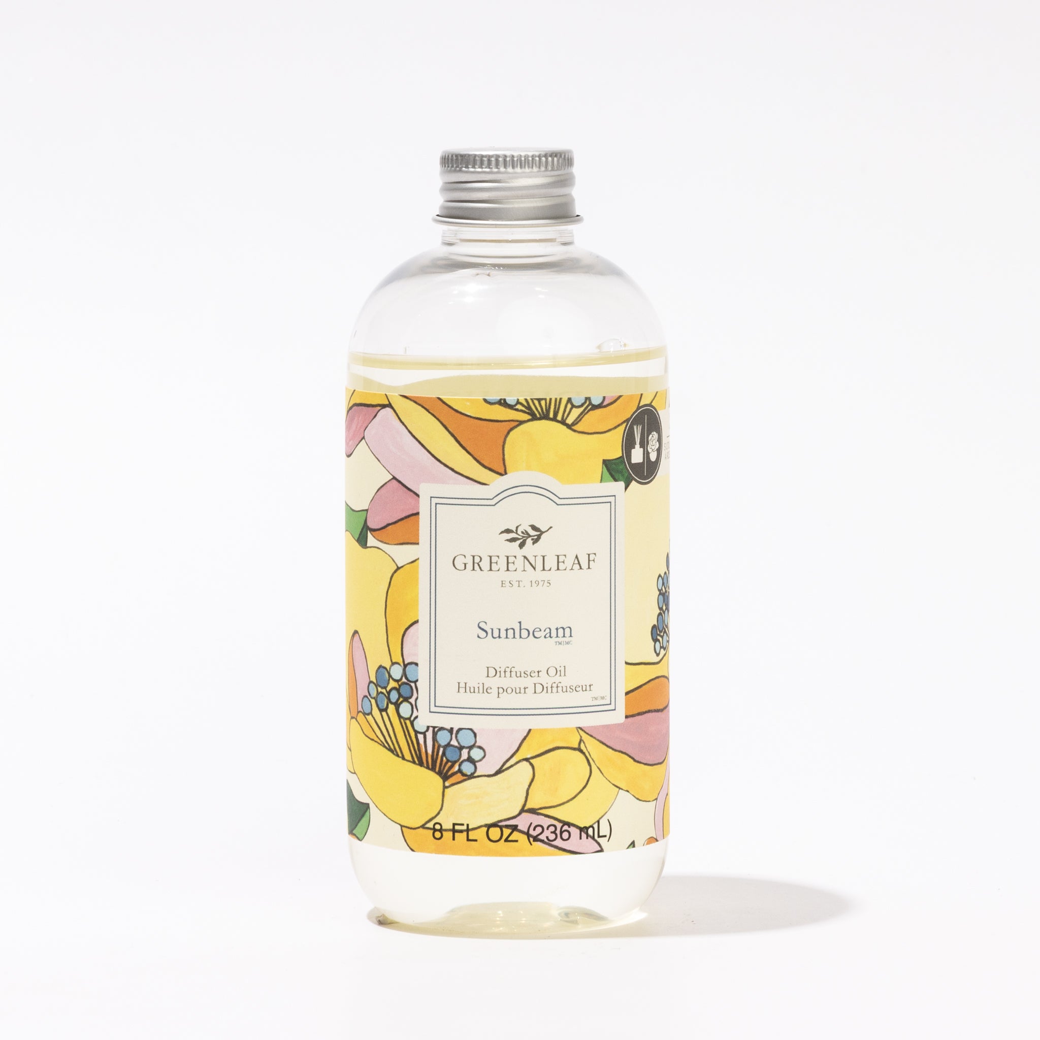 A clear plastic bottle of Greenleaf Gifts Sunbeam Diffuser Oil with a silver cap. The label has yellow, orange, pink, and blue floral designs and states it holds 8 fl oz (236 ml)—ideal as a Reed Diffuser Refill.
