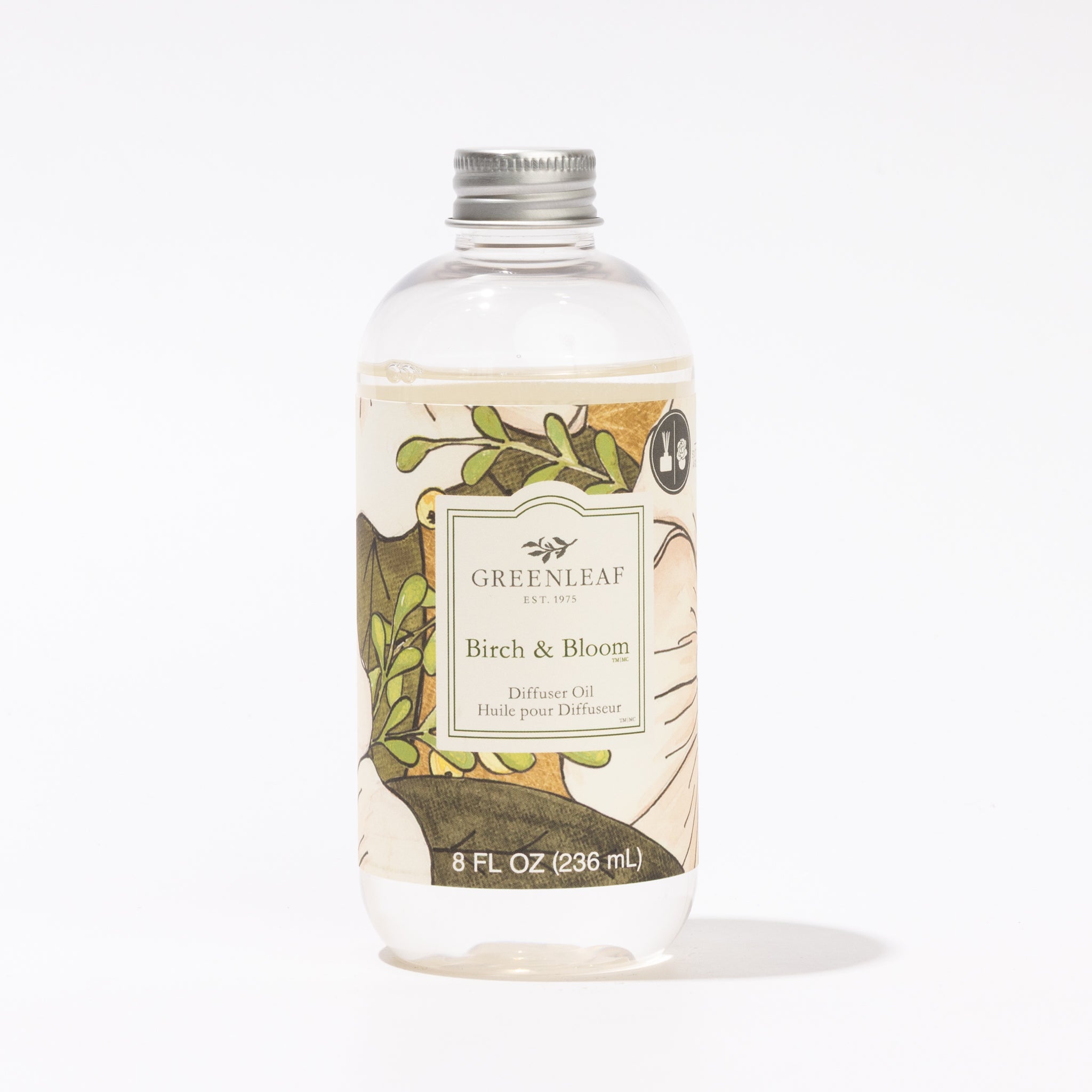 A clear plastic bottle of Greenleaf Gifts Birch & Bloom Diffuser Oil, 8 fl oz (236 ml), with a silver cap and botanical label—ideal as a diffuser refill for refreshing your space with the Birch & Bloom fragrance.
