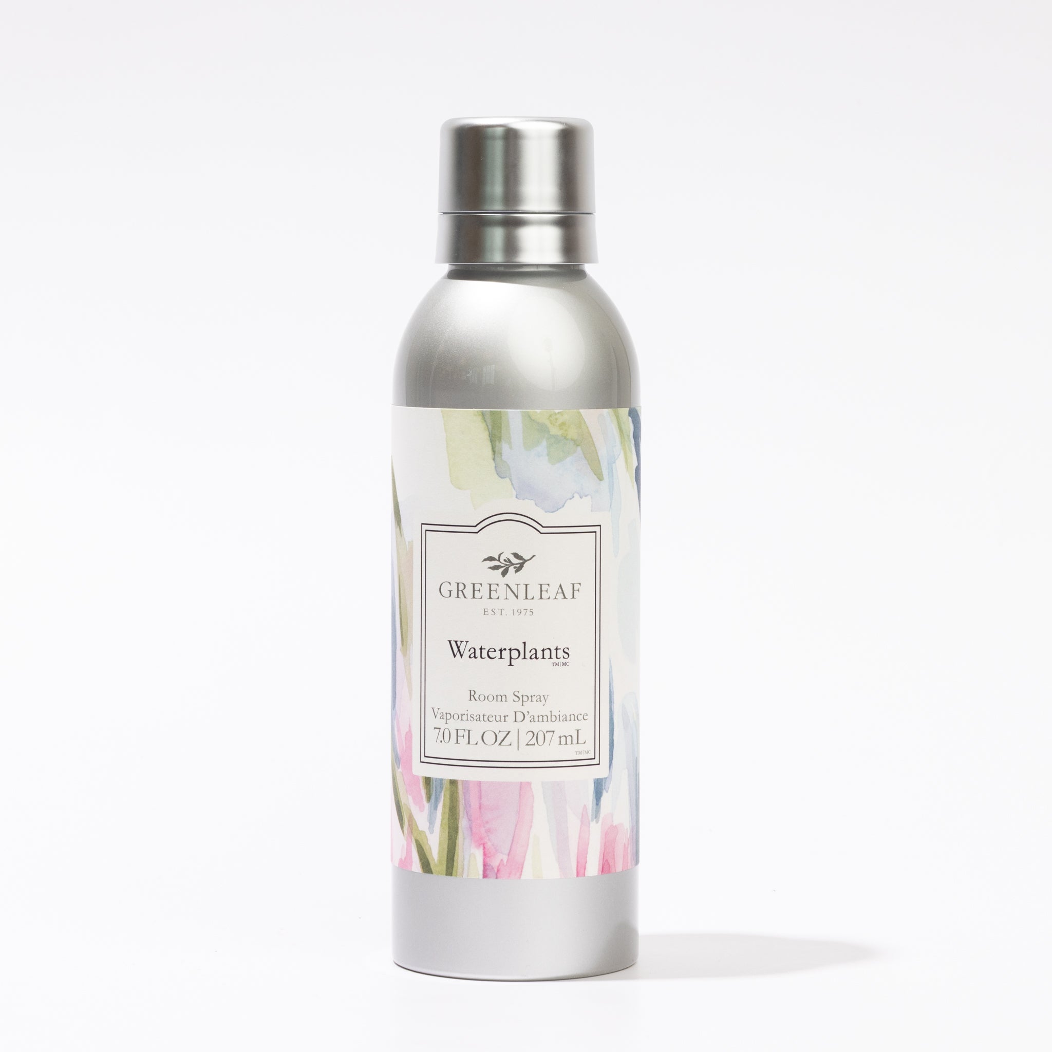 A silver spray bottle labeled "Waterplants Room Spray" by Greenleaf Gifts, 7.0 FL OZ (207 mL), stands upright on a white background—showcasing the fresh Waterplants fragrance in a non-aerosol format.