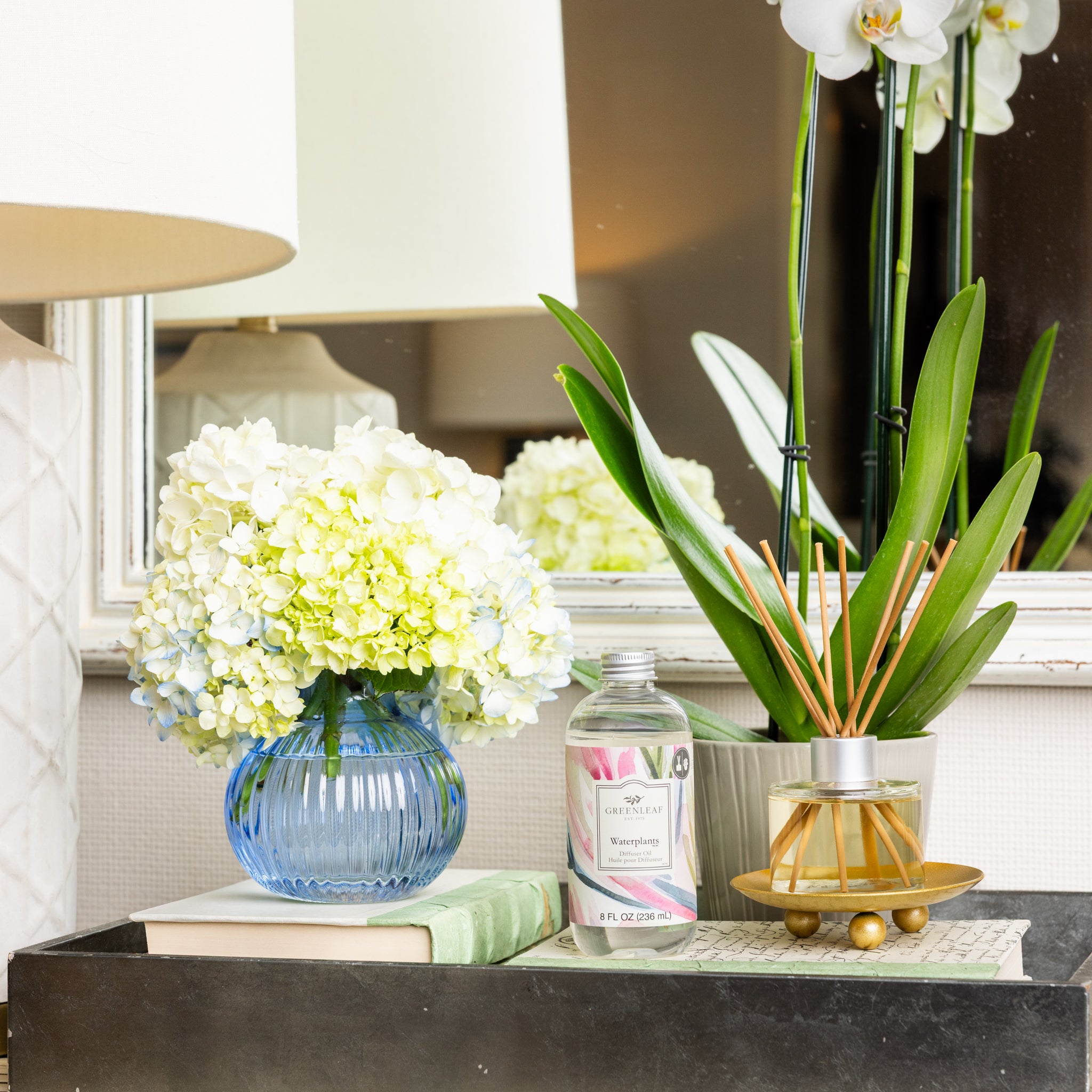 A blue vase with white hydrangeas, a bottle of Greenleaf Gifts Waterplants Diffuser Oil, a reed diffuser, and a book sit on a tray in front of a mirror, with a white orchid plant and lamp in the background.