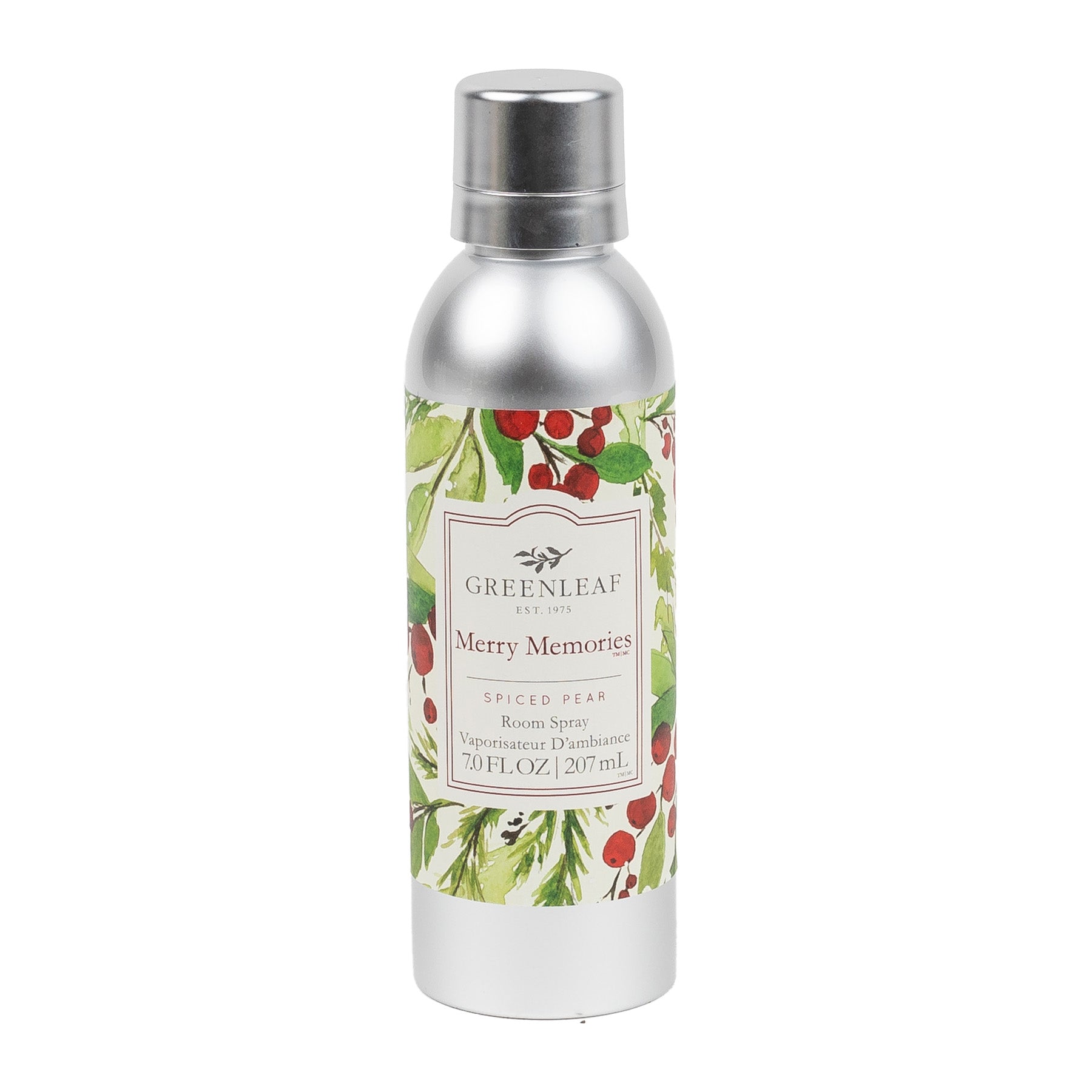 A 7.0 fl oz (207 mL) silver can of Greenleaf Gifts Merry Memories Room Spray with a festive label of green leaves and red berries, infused with the cheerful Merry Memories Spiced Pear fragrance. Non-aerosol formula.