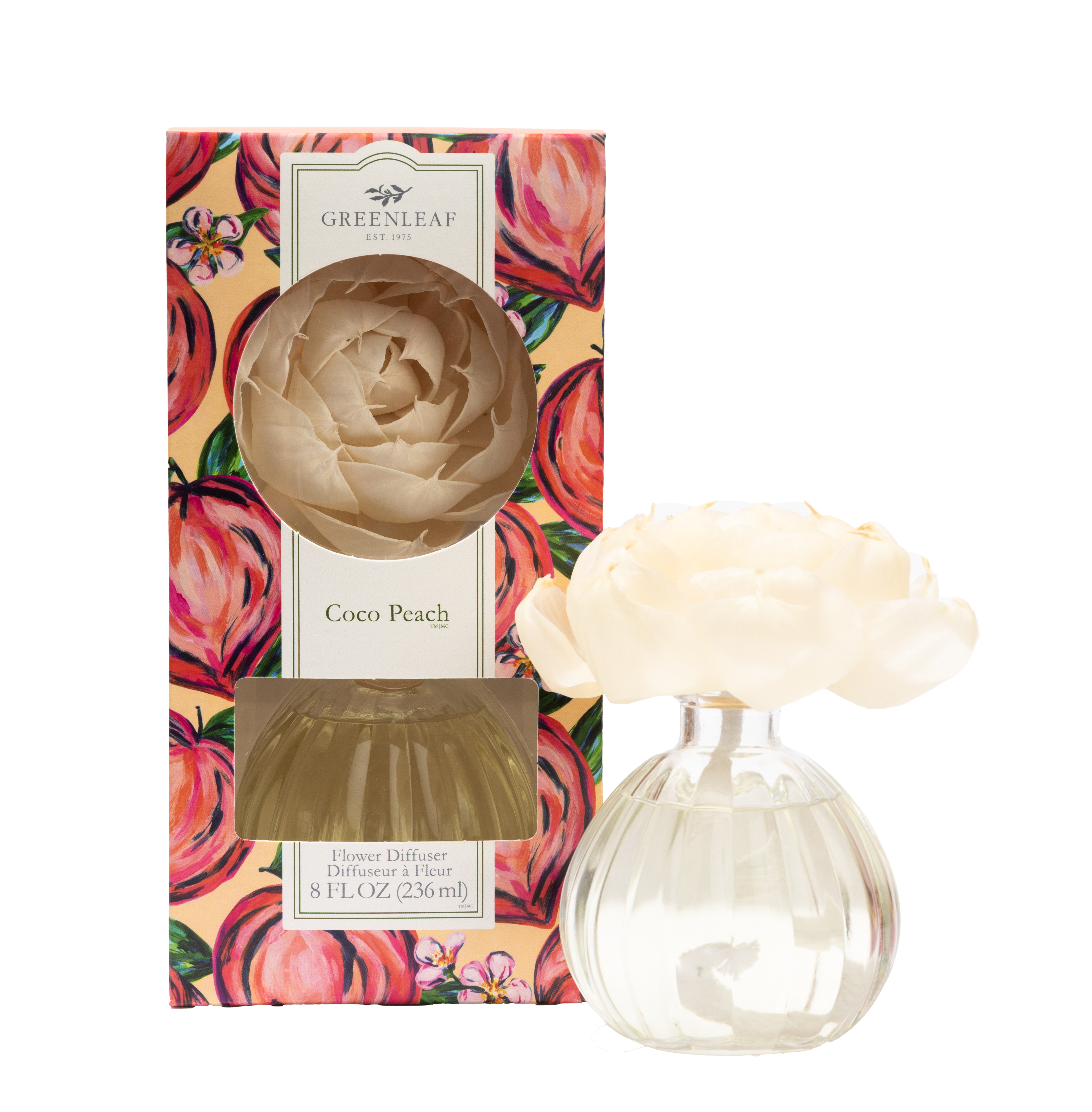 The Greenleaf Gifts Coco Peach Flower Diffuser features peach-patterned packaging, a sola paper flower on a clear round bottle, and is filled with Greenleaf fragrance oil for a long-lasting scent.