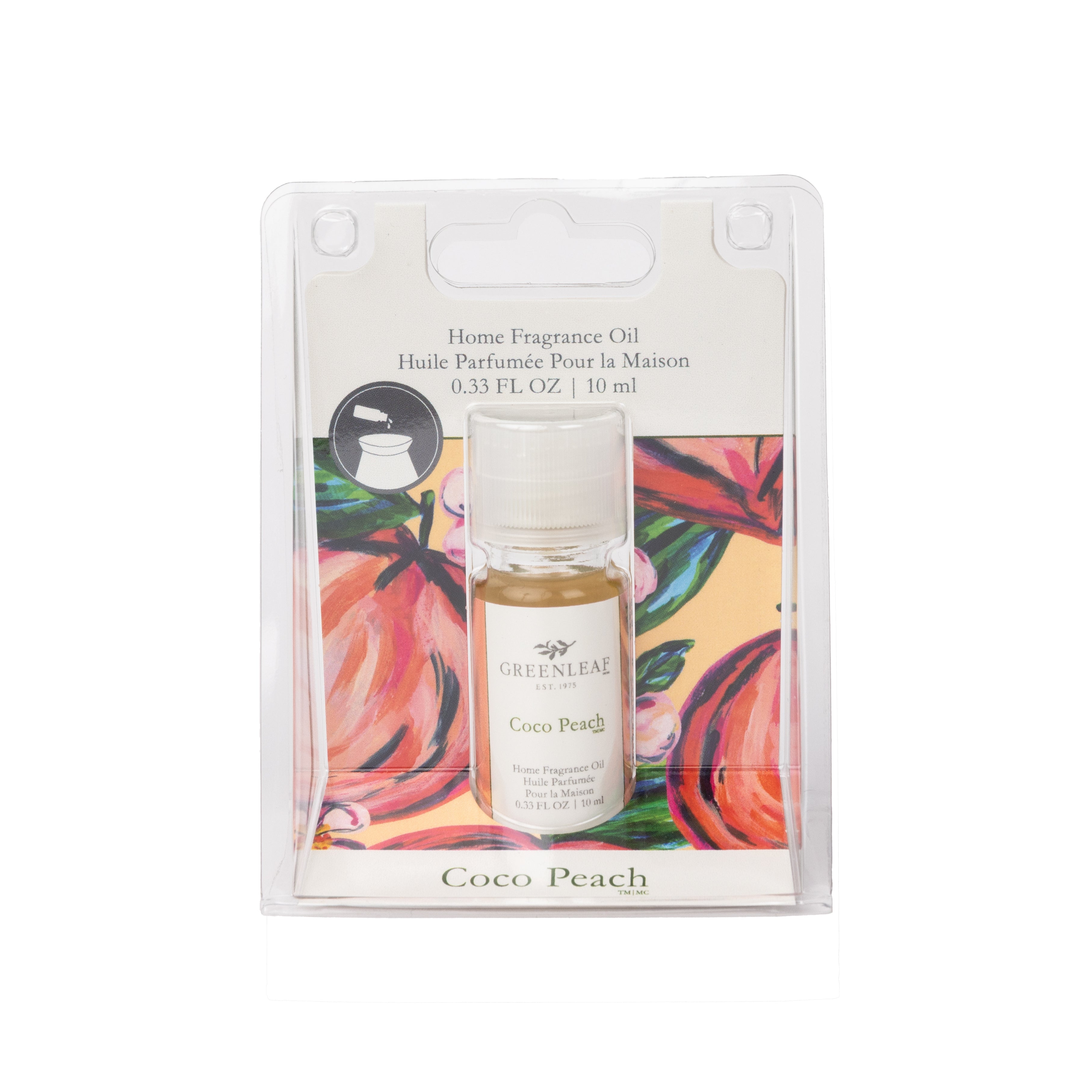 A 10 ml bottle of Greenleaf Gifts Coco Peach Home Fragrance Oil, ideal for flameless scent. Clear plastic bottle with a peach-themed label in English and French.