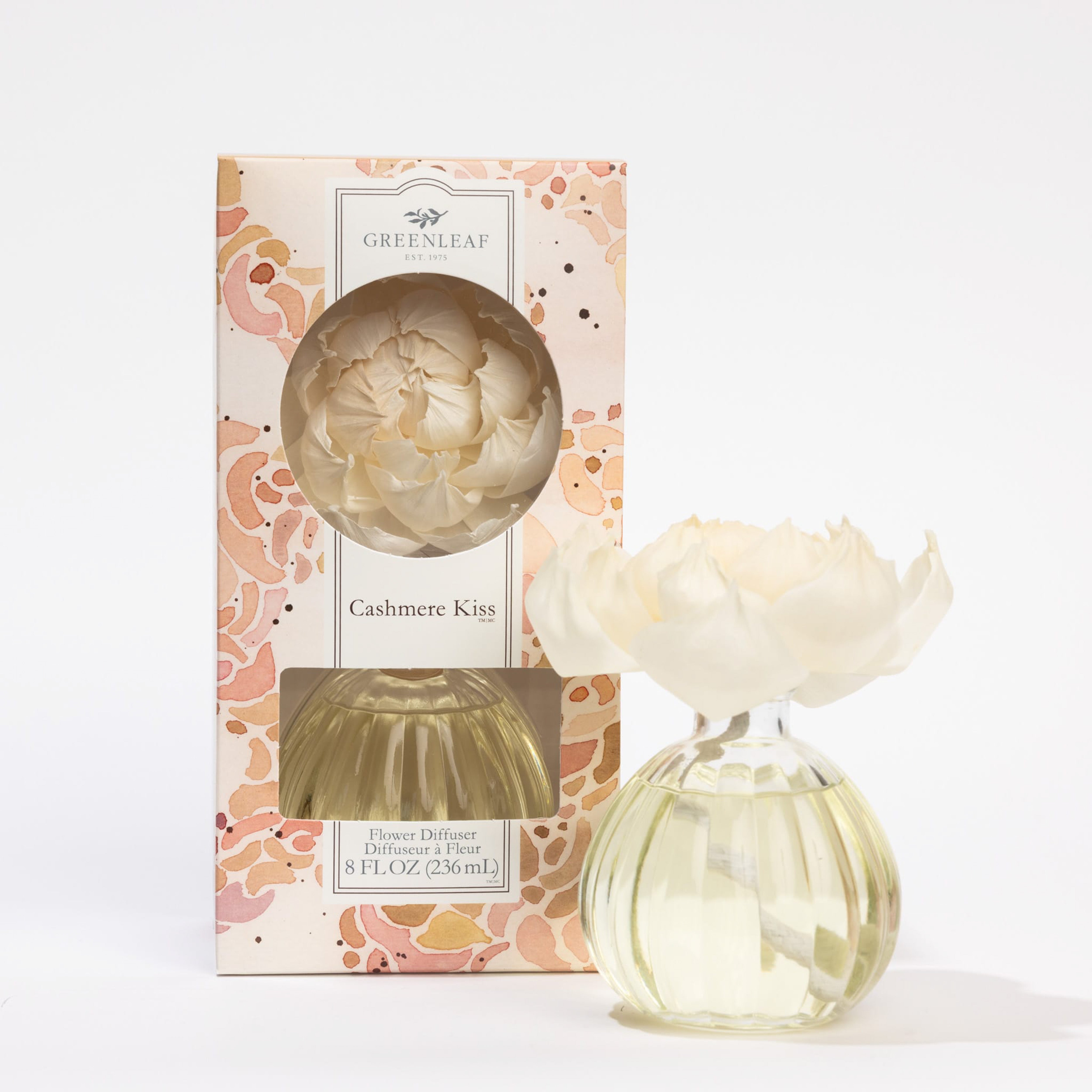 The Greenleaf Gifts Flower Diffuser-Cashmere Kiss set includes an 8 oz glass bottle and a white flower diffuser in a peach-and-pink floral box, offering up to 60 days of fragrance. Model: GLG966522S.