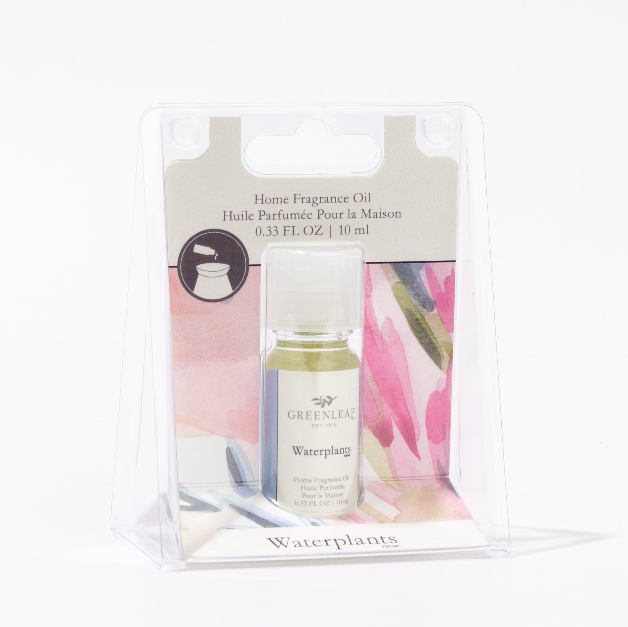 A 10 ml bottle of Greenleaf Gifts Waterplants Home Fragrance Oil comes in a clear plastic box with colorful abstract art and product info on the label, providing a delightful flameless scent for your space.