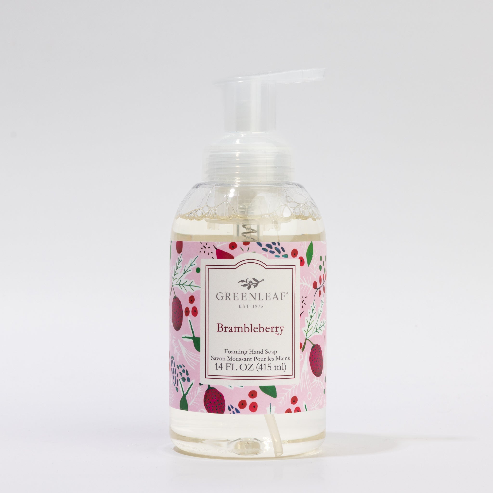 A 14 fl oz (415 ml) bottle of Greenleaf Gifts Brambleberry Foaming Hand Soap, model GLG321572S, with a pump dispenser and a pink label featuring berry and leaf illustrations.