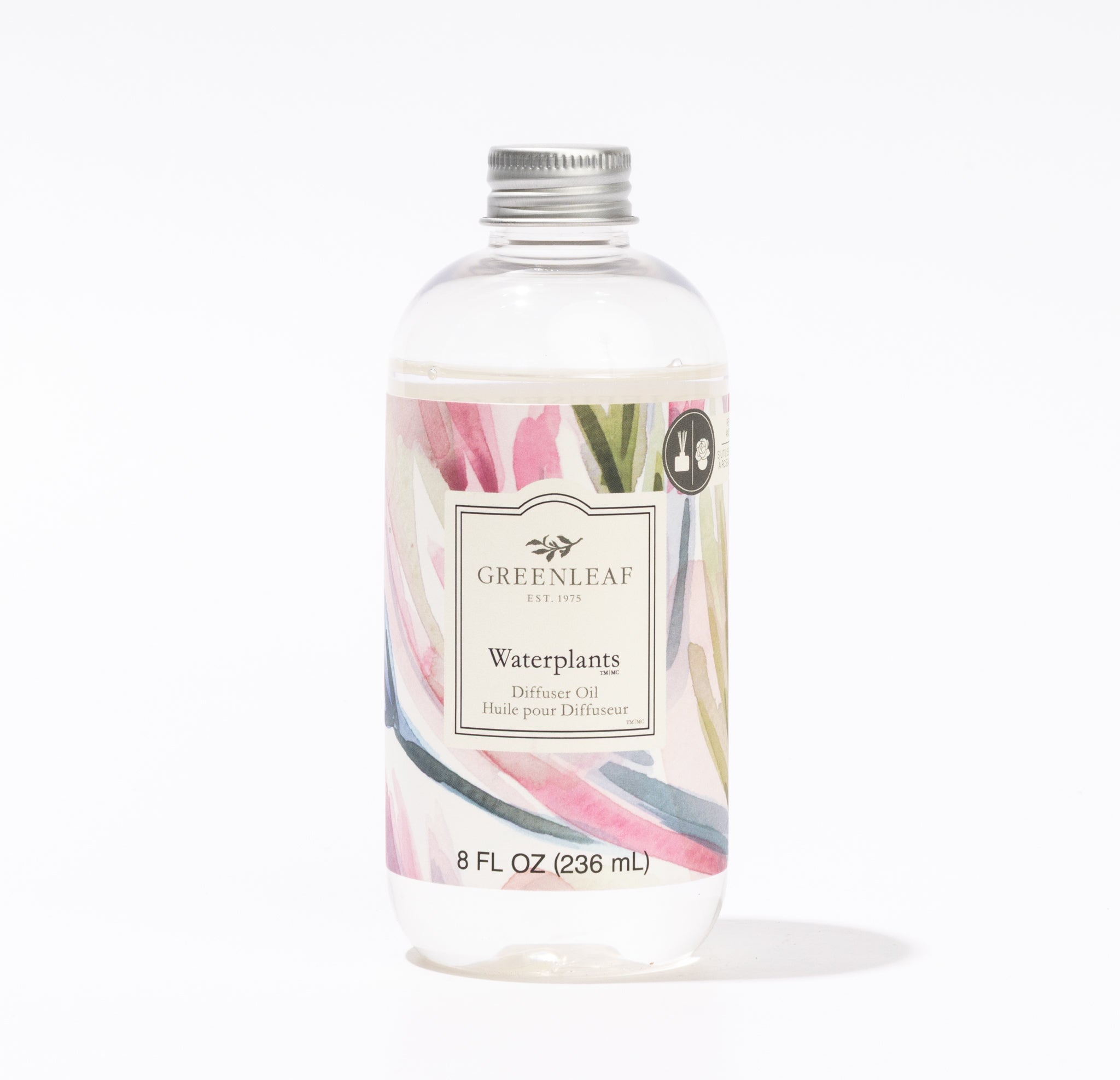Greenleaf Gifts Waterplants Diffuser Oil, 8 fl oz (236 mL), comes in a clear bottle with a silver cap and a pastel label of pink, green, and blue leaves. Ideal as a diffuser oil refill for your space.