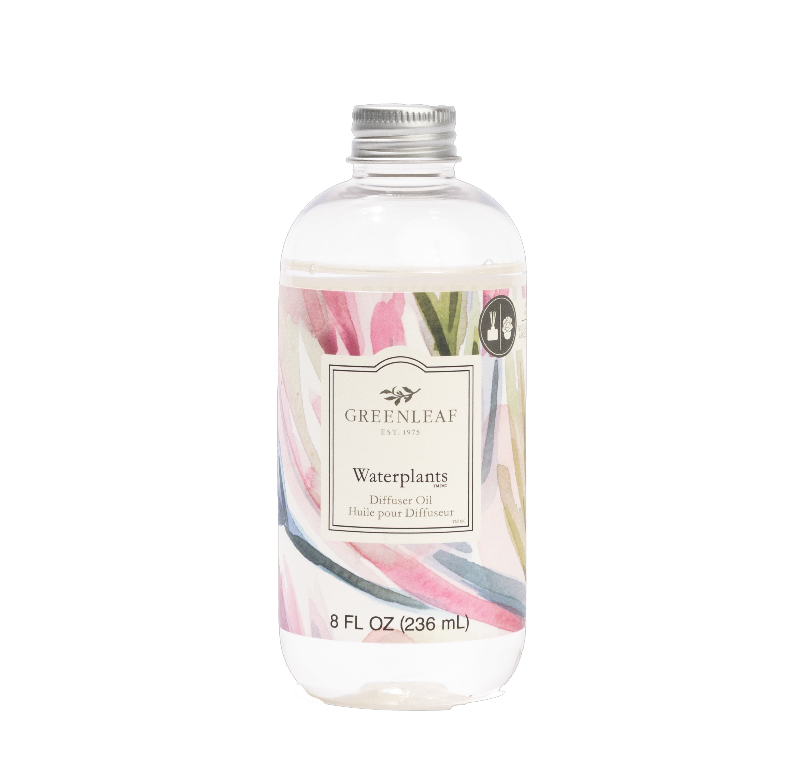 Greenleaf Gifts Waterplants Diffuser Oil, 8 fl oz (236 mL), comes in a clear bottle with a silver cap and a pastel plant-illustrated label—an ideal refill to refresh your space with this serene fragrance.