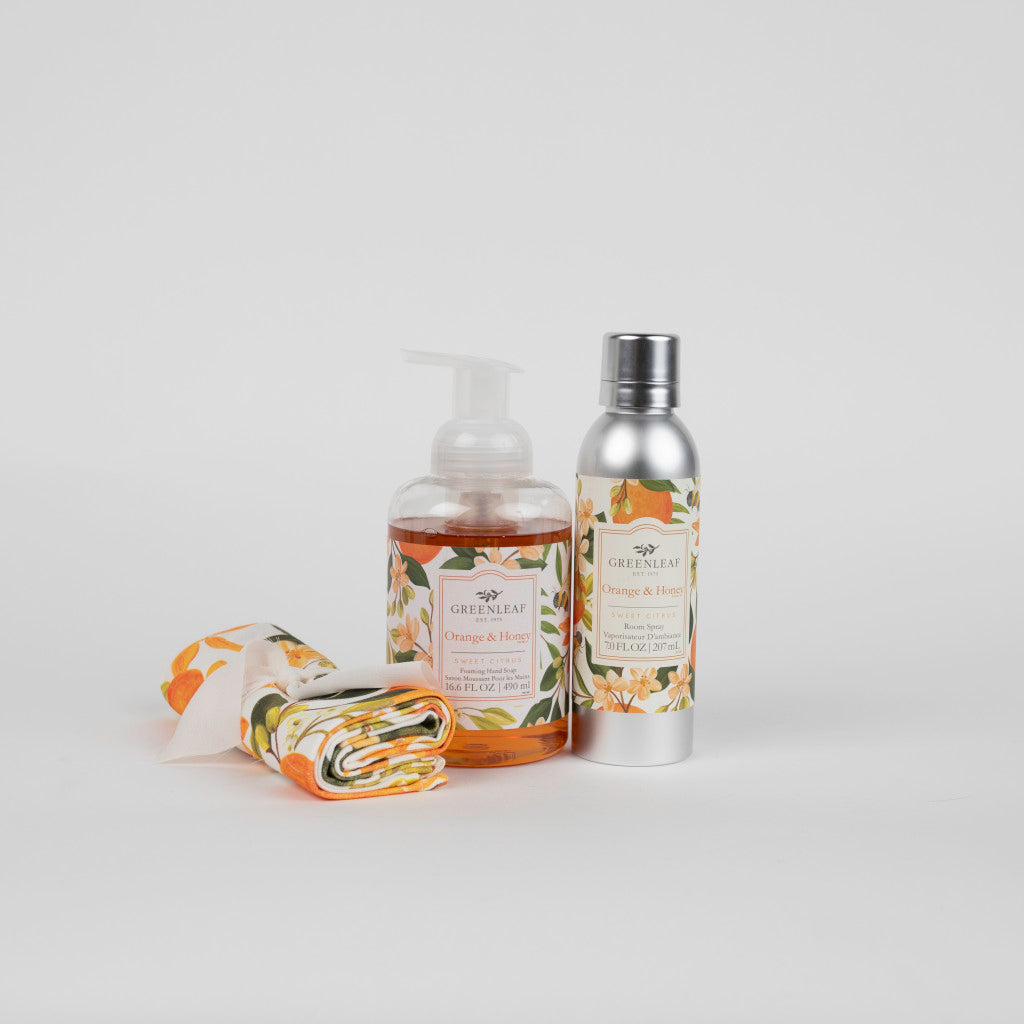 Orange & Honey Foaming Hand Soap, Non-Aerosol Room Spray, and Tea Towel Gift Set