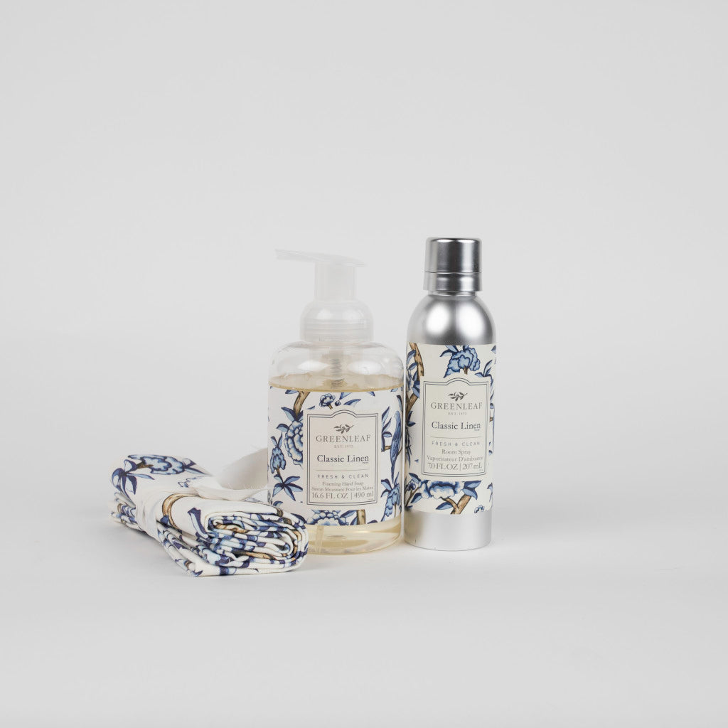 Classic Linen Foaming Hand Soap, Non-Aerosol Room Spray, and Tea Towel Gift Set