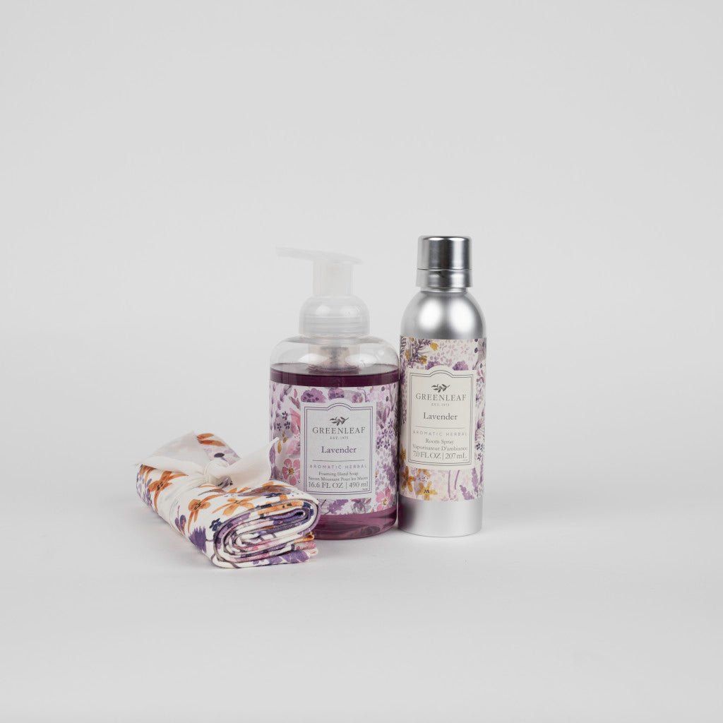 Lavender Foaming Hand Soap, Non-Aerosol Room Spray, and Tea Towel Gift Set