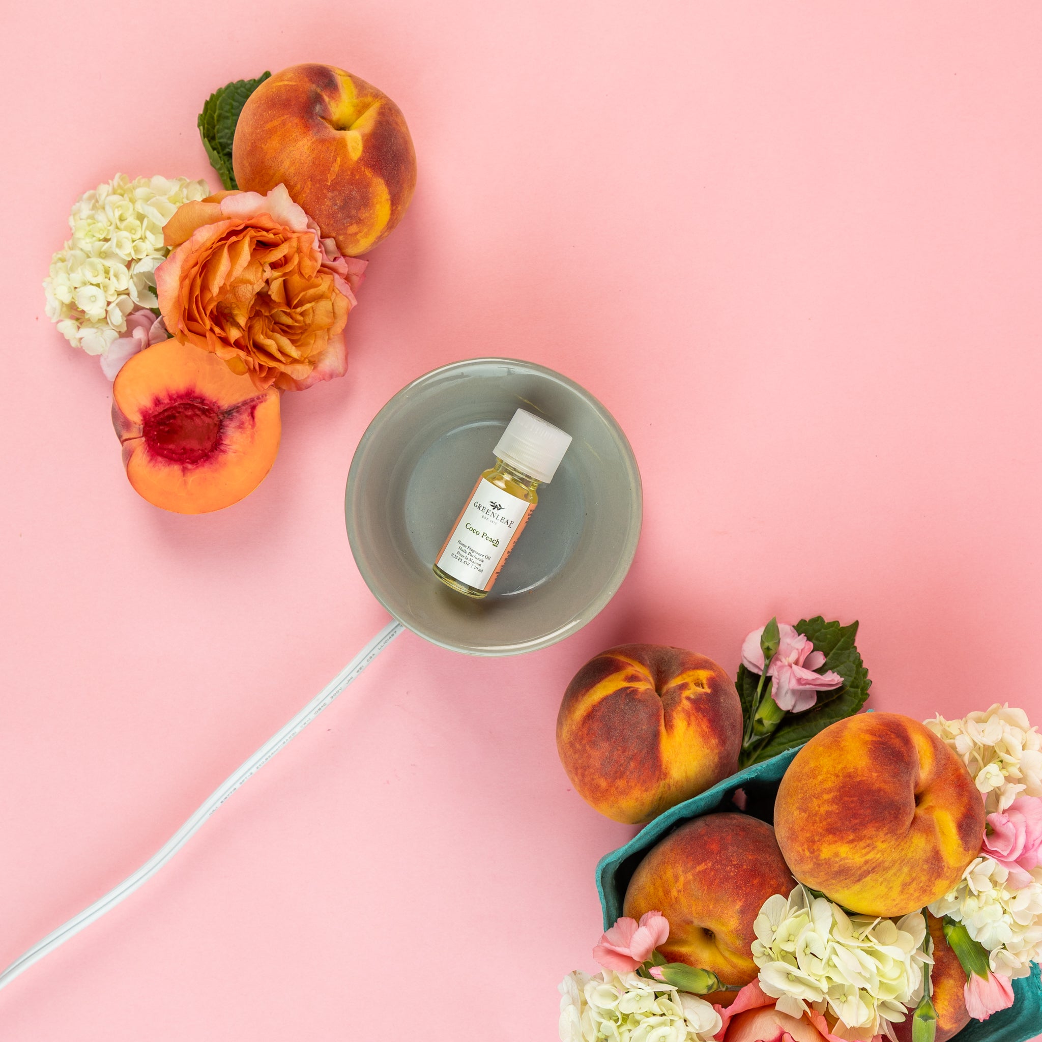 A small bottle of Greenleaf Gifts Coco Peach Home Fragrance Oil sits in a bowl on a pink background, surrounded by fresh peaches, peach slices, roses, hydrangeas, and a white cord for flameless fragrance.