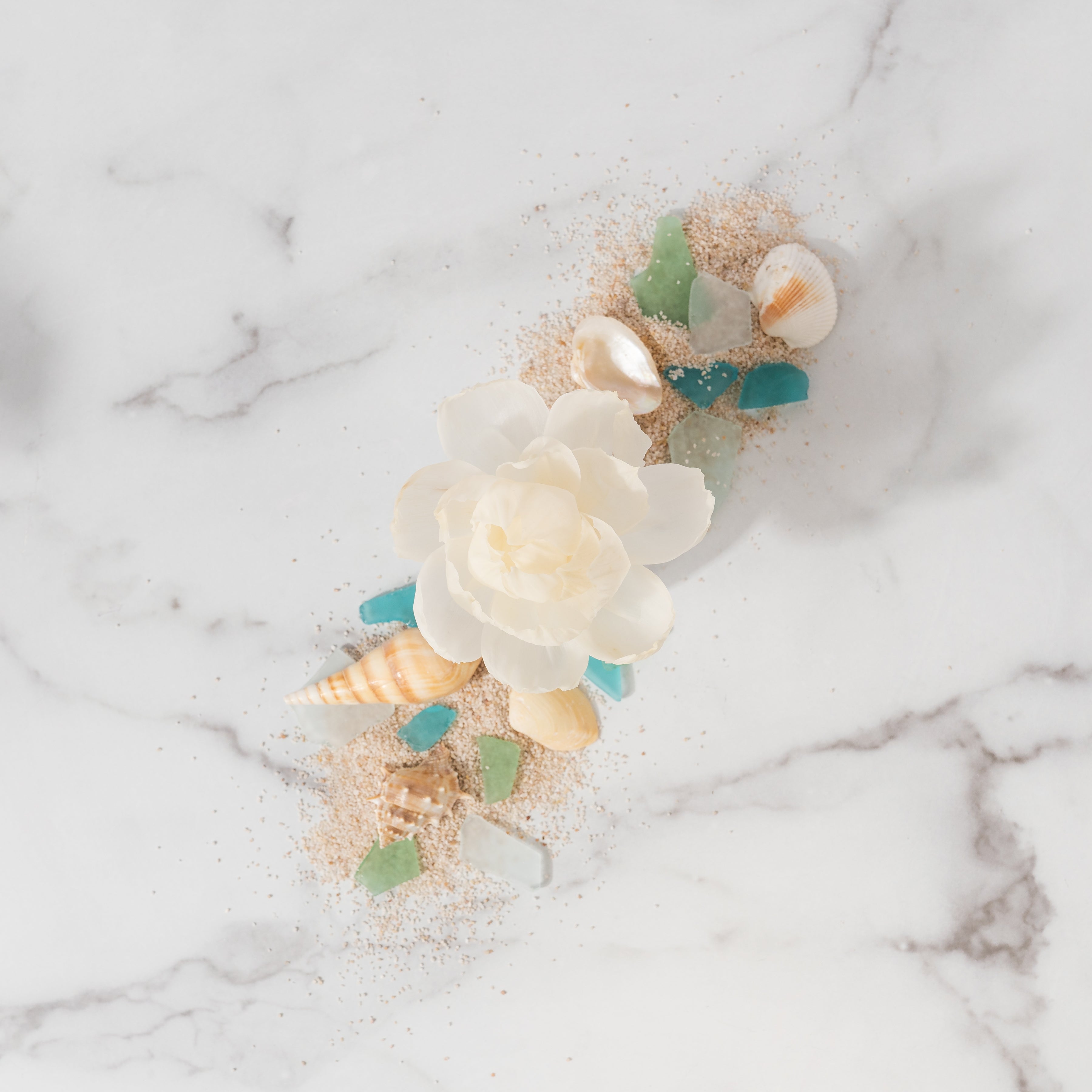 The Greenleaf Gifts Flower Diffuser-Seaspray features a white flower with seashells, sea glass, and sand in an elegant 8 oz display—brightening your space for up to 60 days.