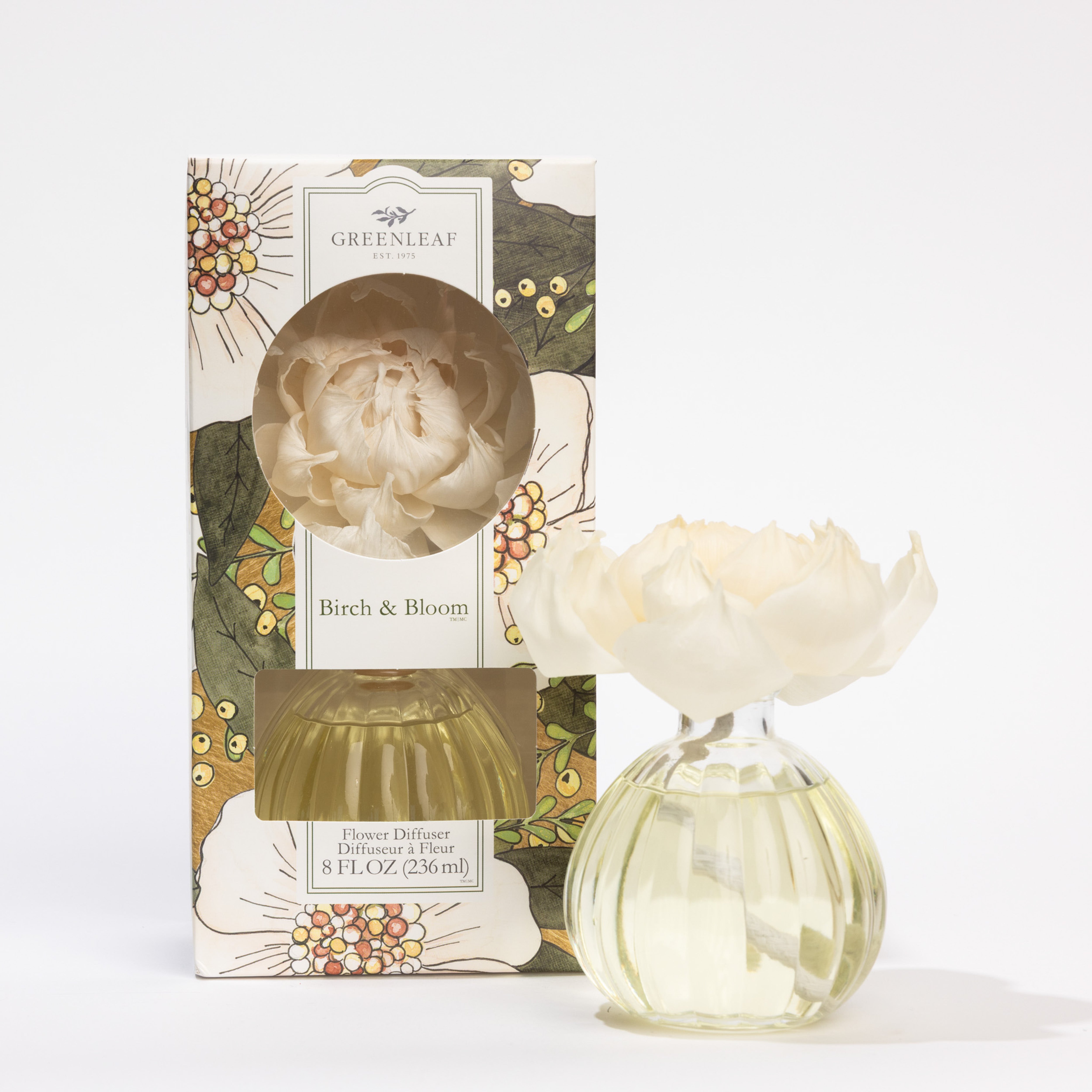 The Greenleaf Gifts Birch & Bloom Flower Diffuser features a clear round bottle topped with a white sola paper flower, shown in front of its floral box with a round window displaying the elegant diffuser inside.