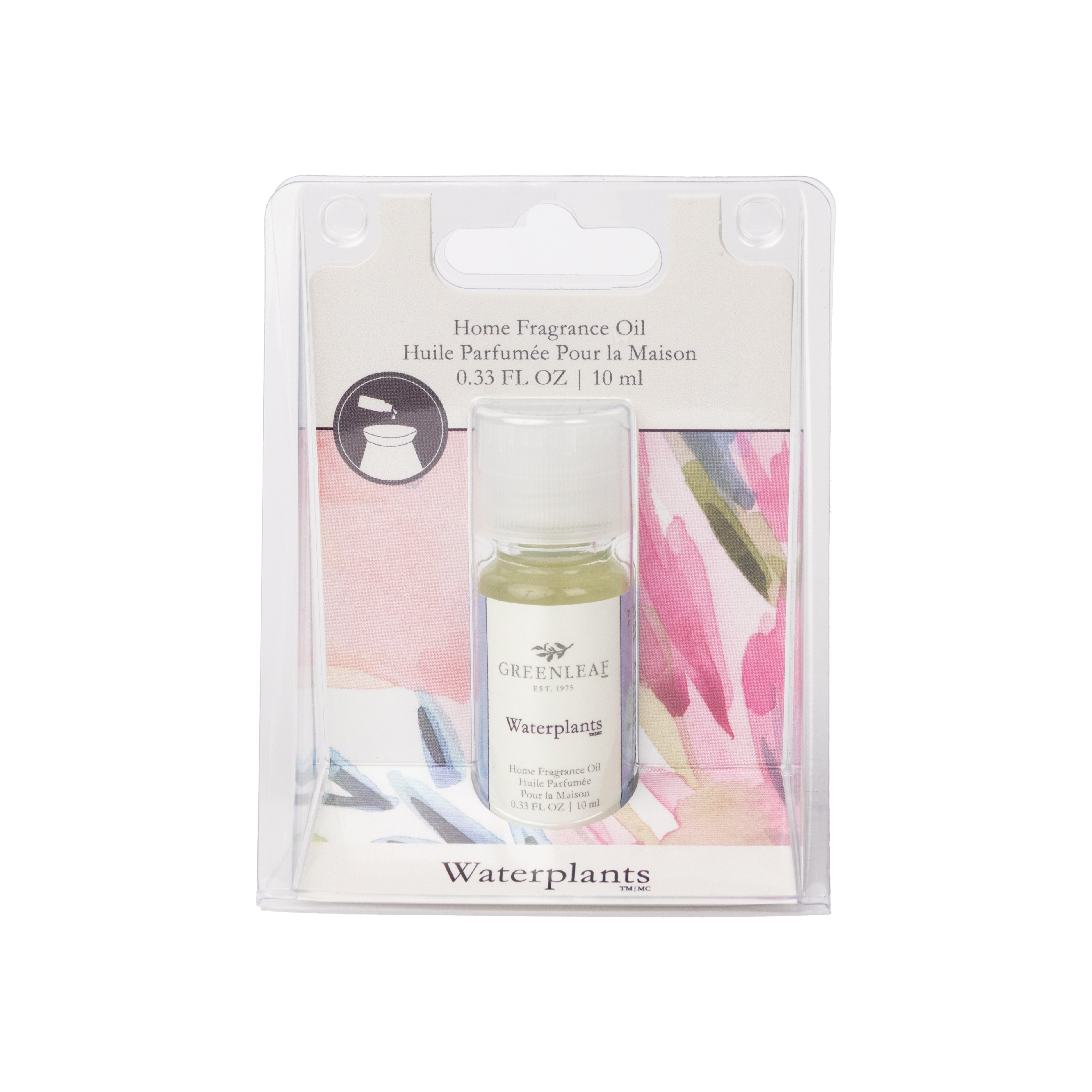 Greenleaf Gifts Waterplants Home Fragrance Oil delivers a flameless scent experience. The small bottle comes in a clear plastic case with a floral-patterned background and bilingual English and French labeling.