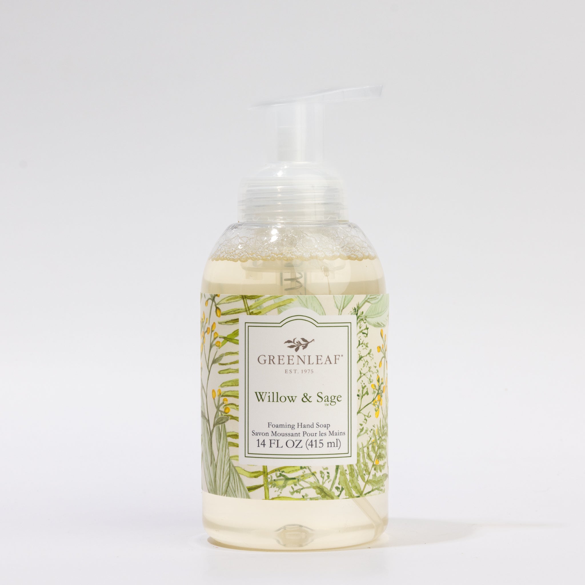 A clear plastic pump bottle of Greenleaf Gifts Willow & Sage Foaming Hand Soap, with a white and green botanical label, holds 14 fl oz (415 ml)—a stylish match to your favorite 14 oz glassware, shown on a plain white background.