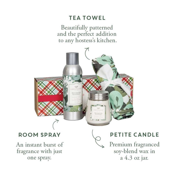 Shimmering Snowberry Holiday Hostess Giftset- Candle, Room Spray, & Tea Towel